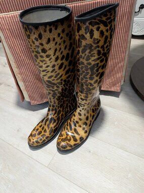 dav Leopard Animal Print Knee High Waterproof Rain Boots